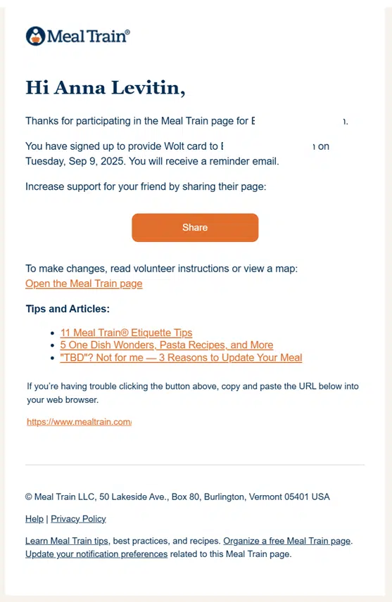 Meal Train email